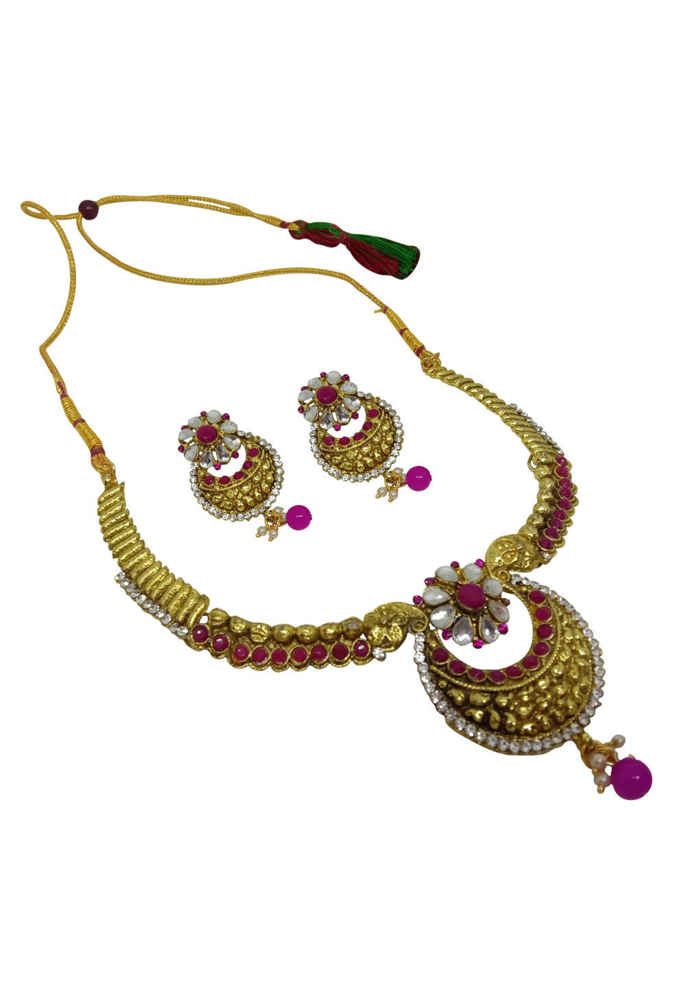 Pink Alloy Austrian Diamond Necklace Set With Earrings 228743