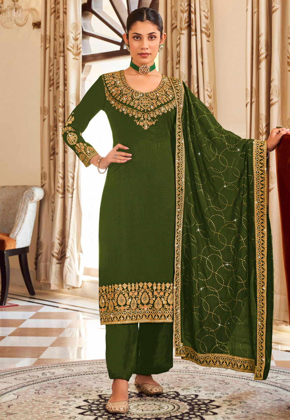 Mehndi Silk Pakistani Suit 265540