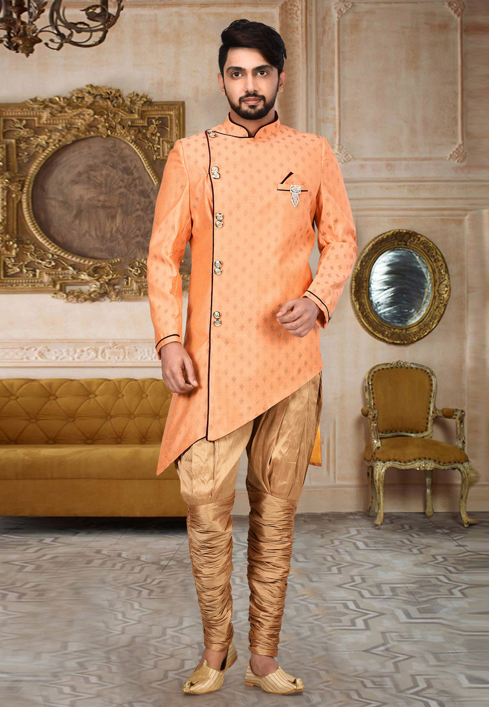Peach Cotton Linen Readymade Indo Western Suit 214214