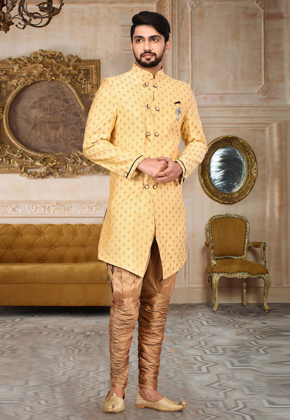 Yellow Cotton Linen Readymade Indo Western Suit 214215