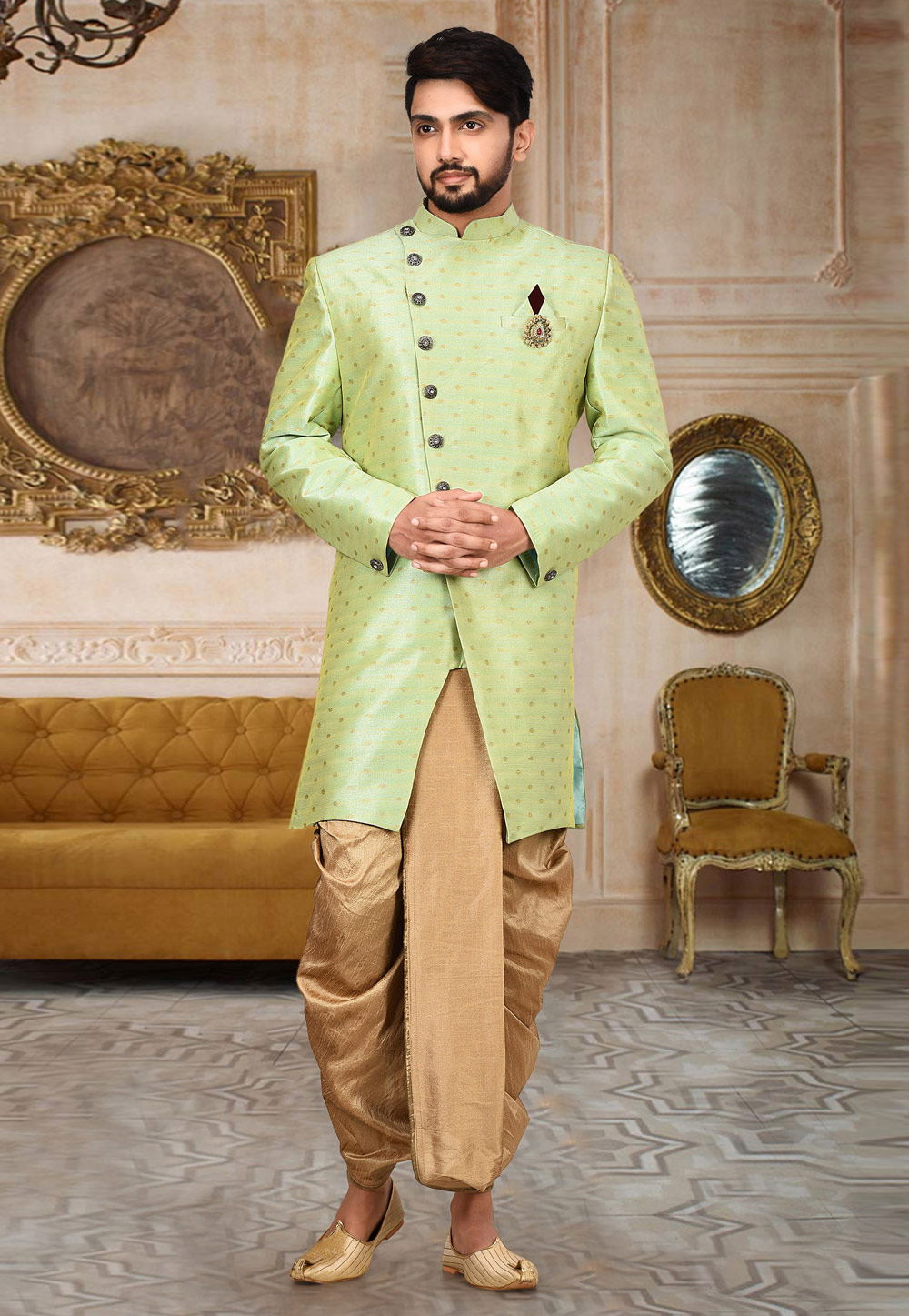 Pista Green Cotton Linen Readymade Indo Western Suit 214219