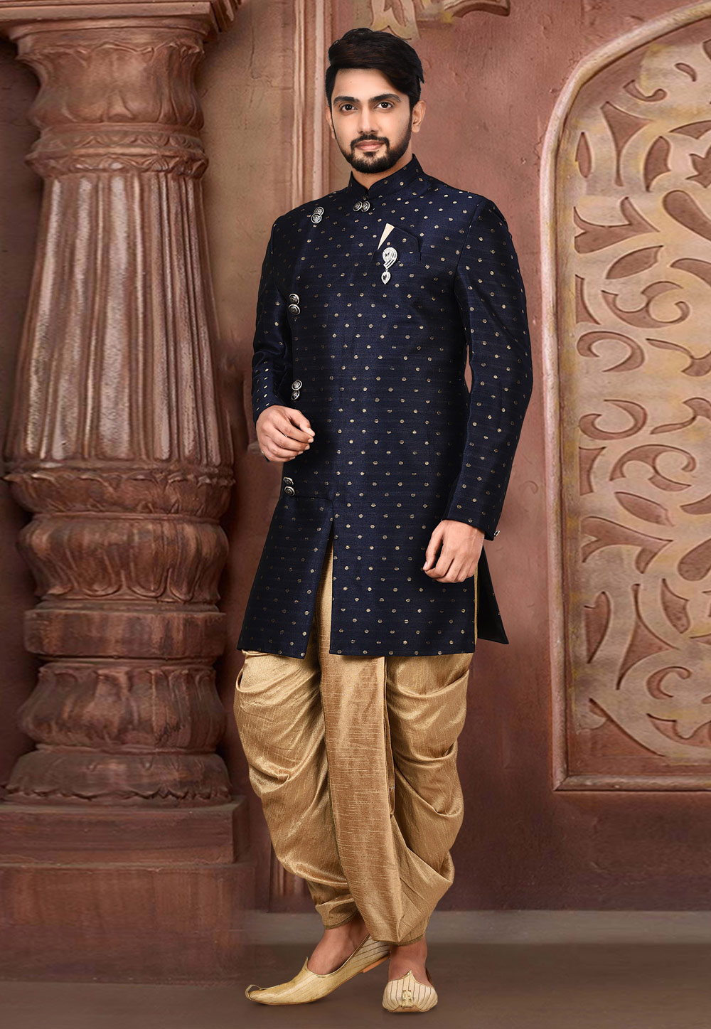Navy Blue Cotton Linen Readymade Indo Western Suit 214220