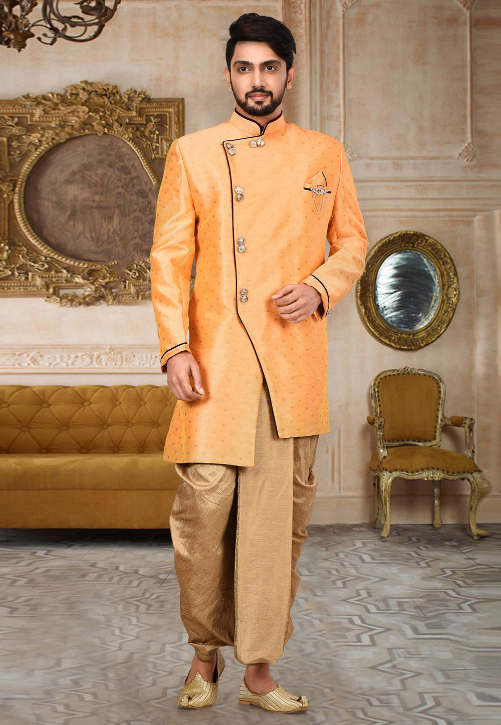 Orange Cotton Linen Readymade Indo Western Suit 214221