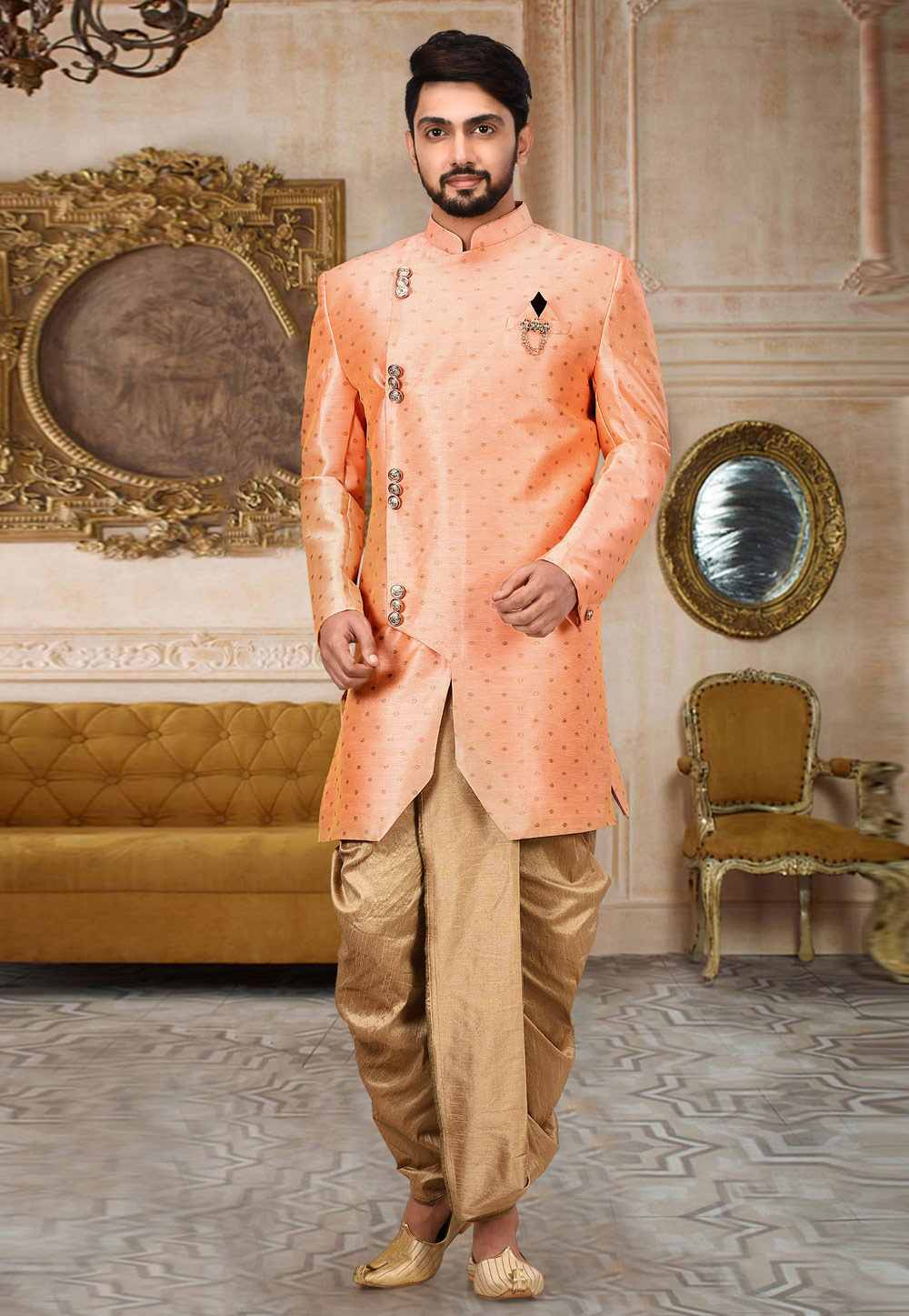 Peach Cotton Linen Readymade Indo Western Suit 214222