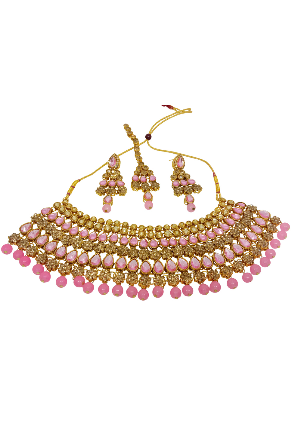 Pink Alloy Austrian Diamond Necklace Set With Earrings and Maang Tikka 228750