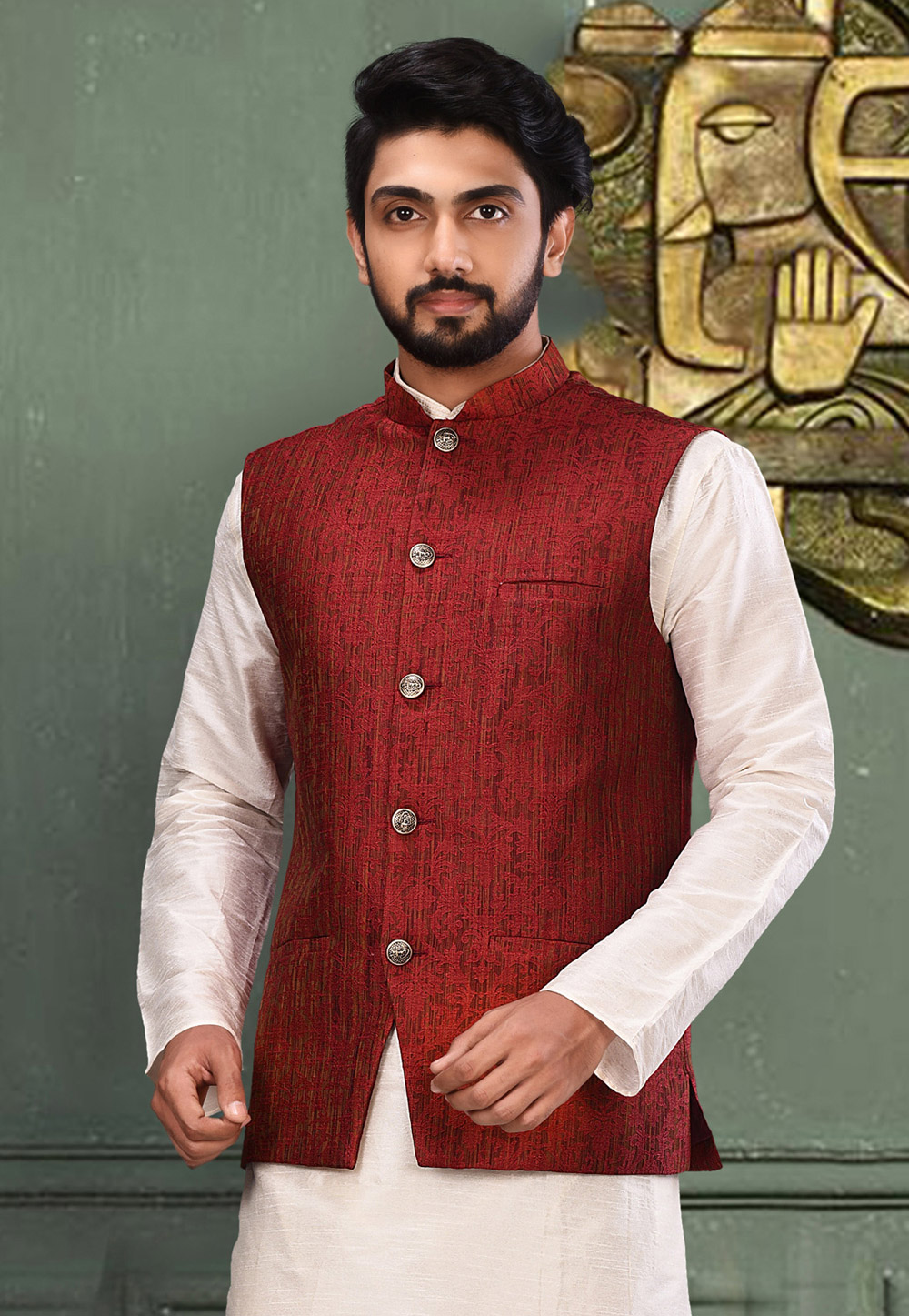Maroon Pashmina Readymade Nehru Jacket 214306