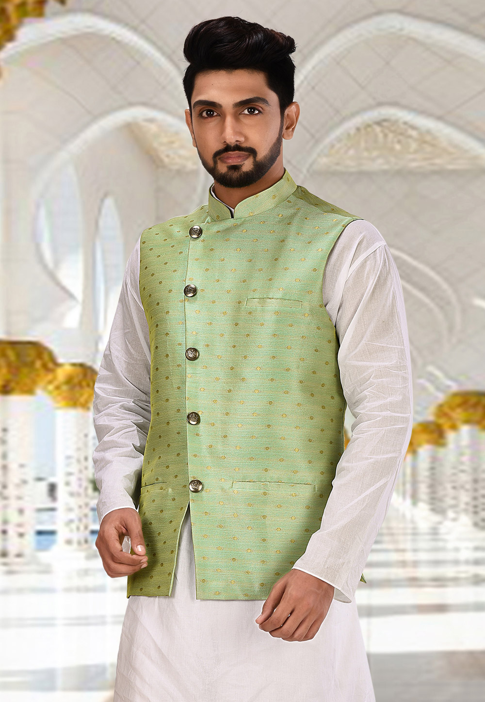 Pista Green Cotton Readymade Nehru Jacket 214309