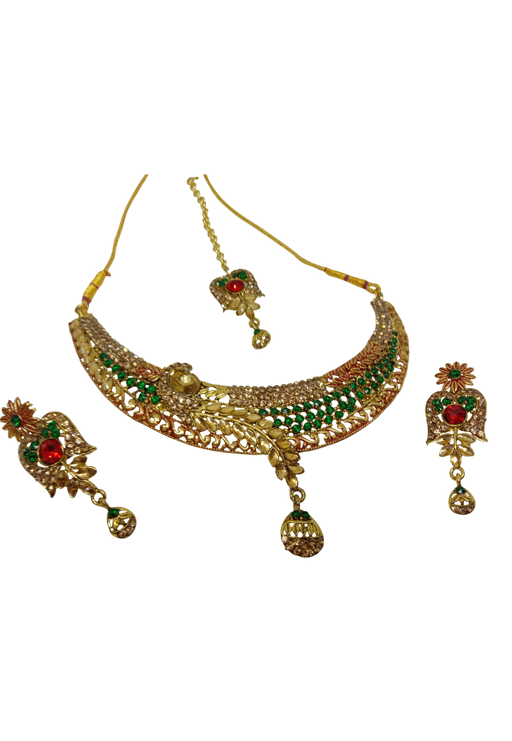 Green Alloy Austrian Diamond Necklace Set With Earrings and Maang Tikka 228753