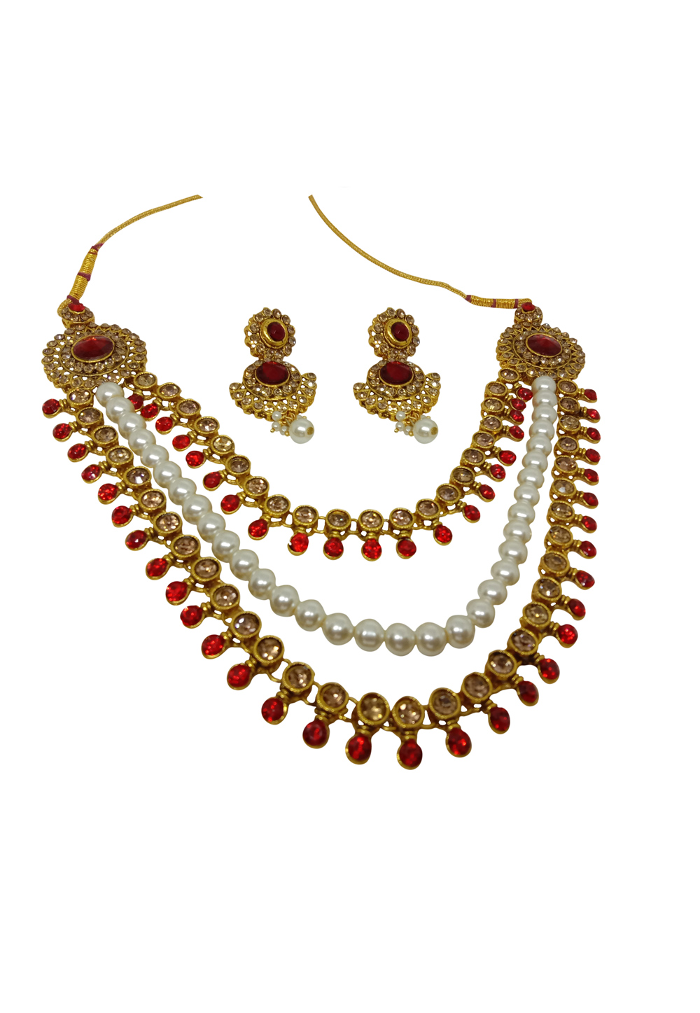 Red Alloy Austrian Diamond Necklace Set With Earrings 228754
