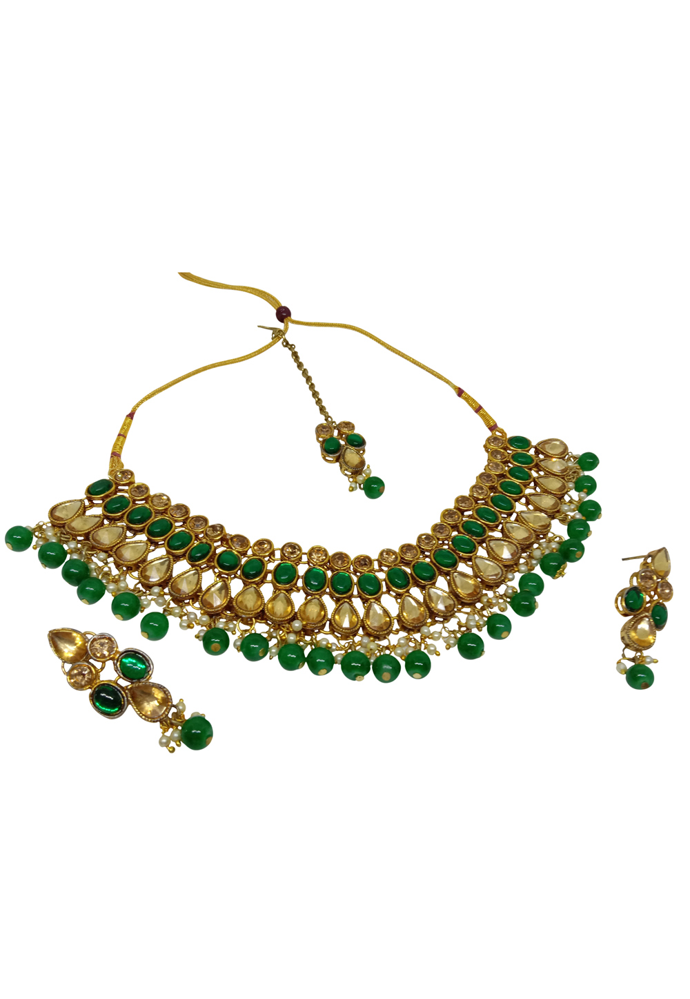 Green Alloy Austrian Diamond Necklace Set With Earrings and Maang Tikka 228755