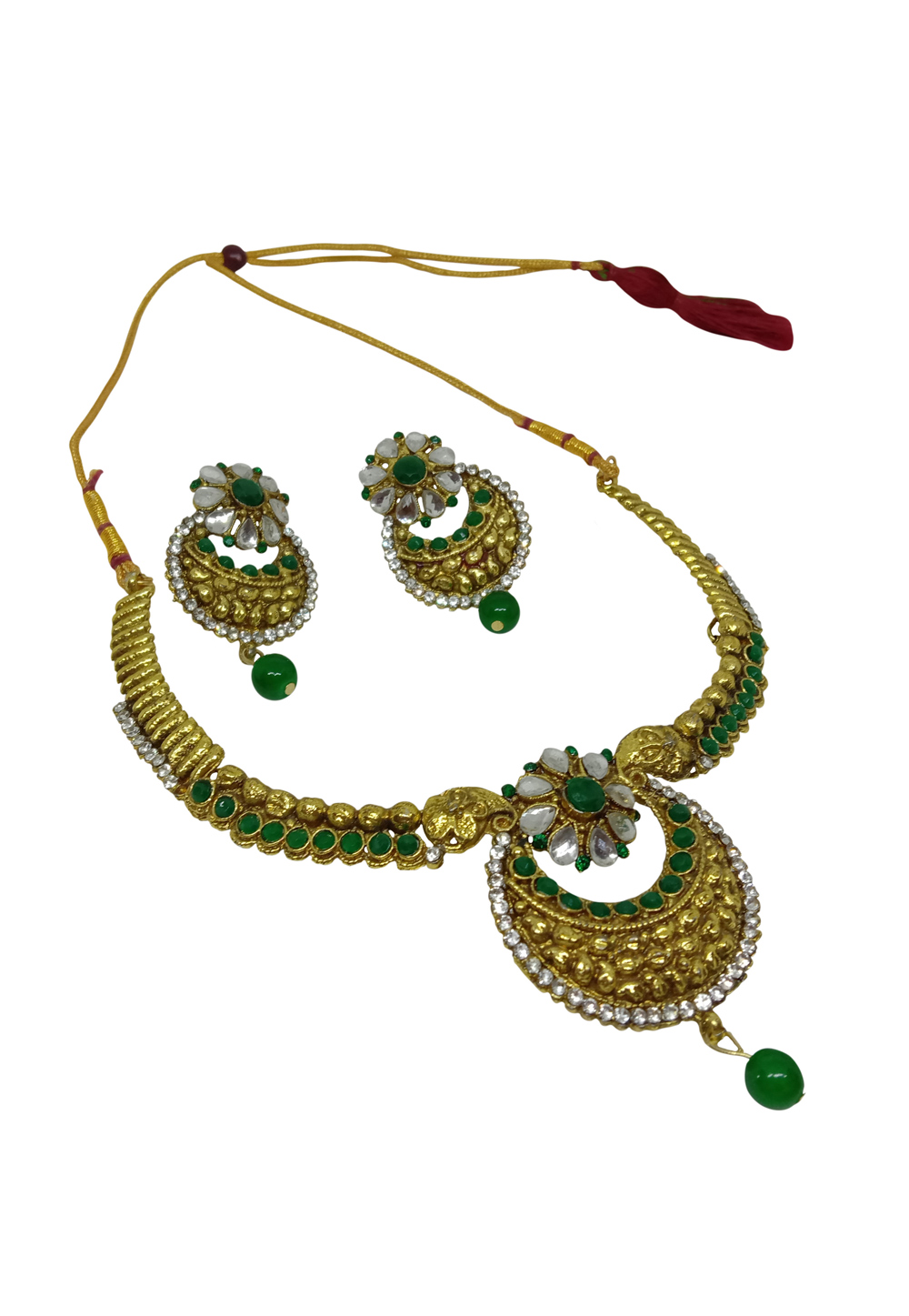 Green Alloy Austrian Diamond Necklace Set With Earrings 228756