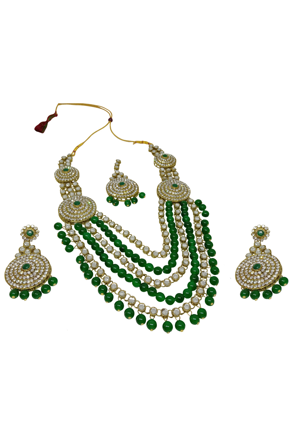 Green Alloy Austrian Diamond Necklace Set With Earrings and Maang Tikka 228757