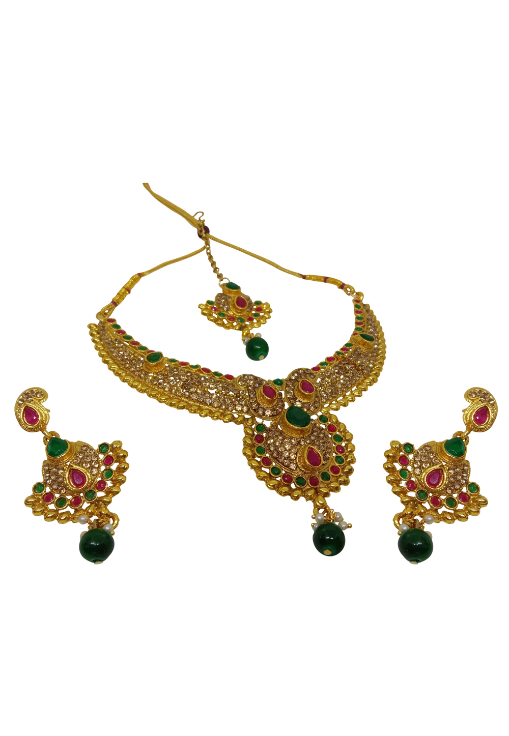 Green Alloy Austrian Diamond Necklace Set With Earrings and Maang Tikka 228758