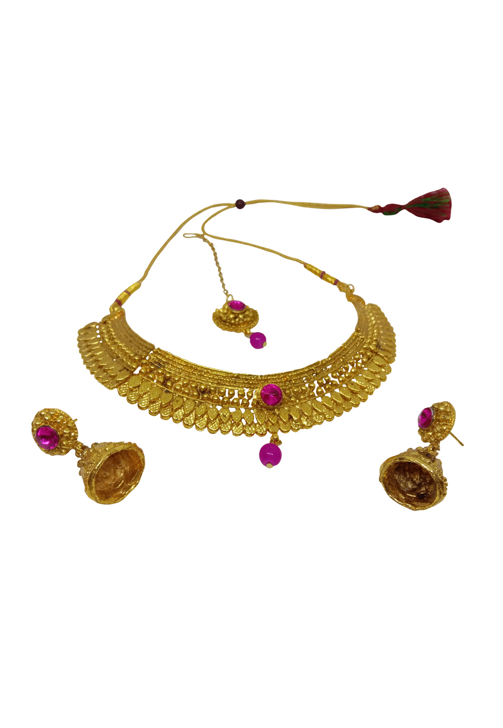 Pink Alloy Austrian Diamond Necklace Set With Earrings and Maang Tikka 228759