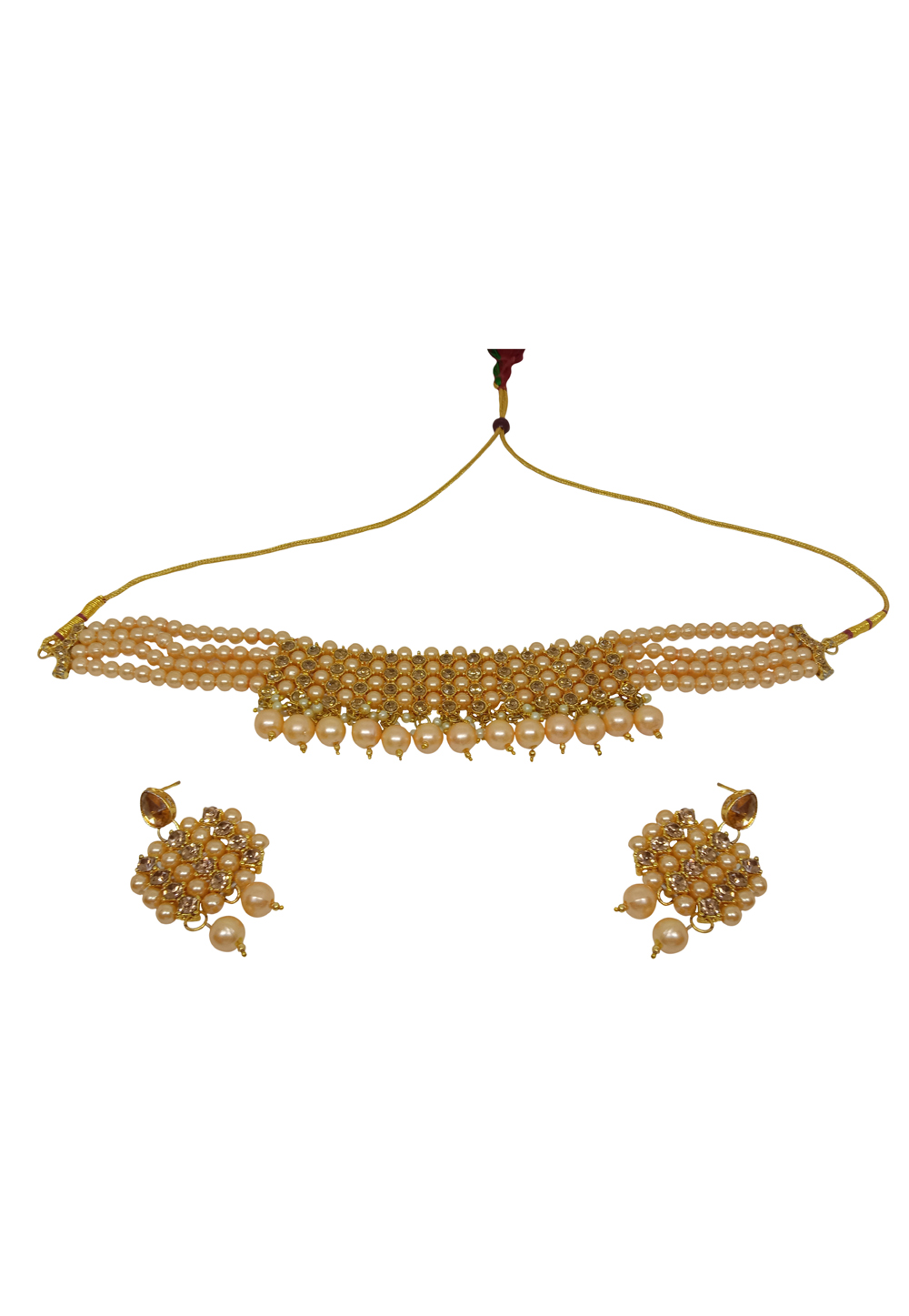 Golden Alloy Austrian Diamond Necklace Set With Earrings 228760