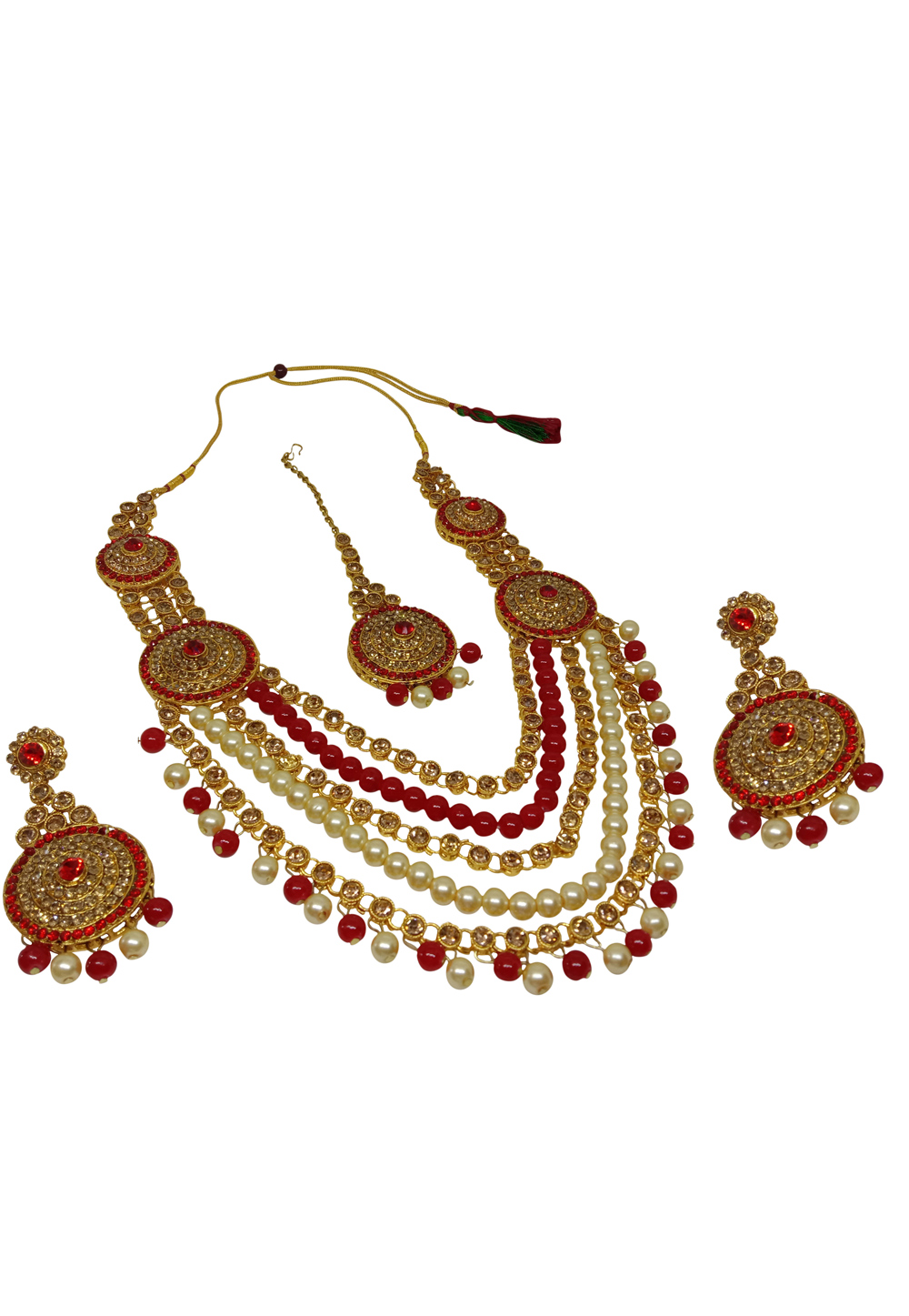 Red Alloy Austrian Diamond Necklace Set With Earrings and Maang Tikka 228763