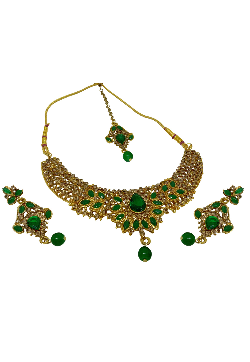 Green Alloy Austrian Diamond Necklace Set With Earrings and Maang Tikka 228764