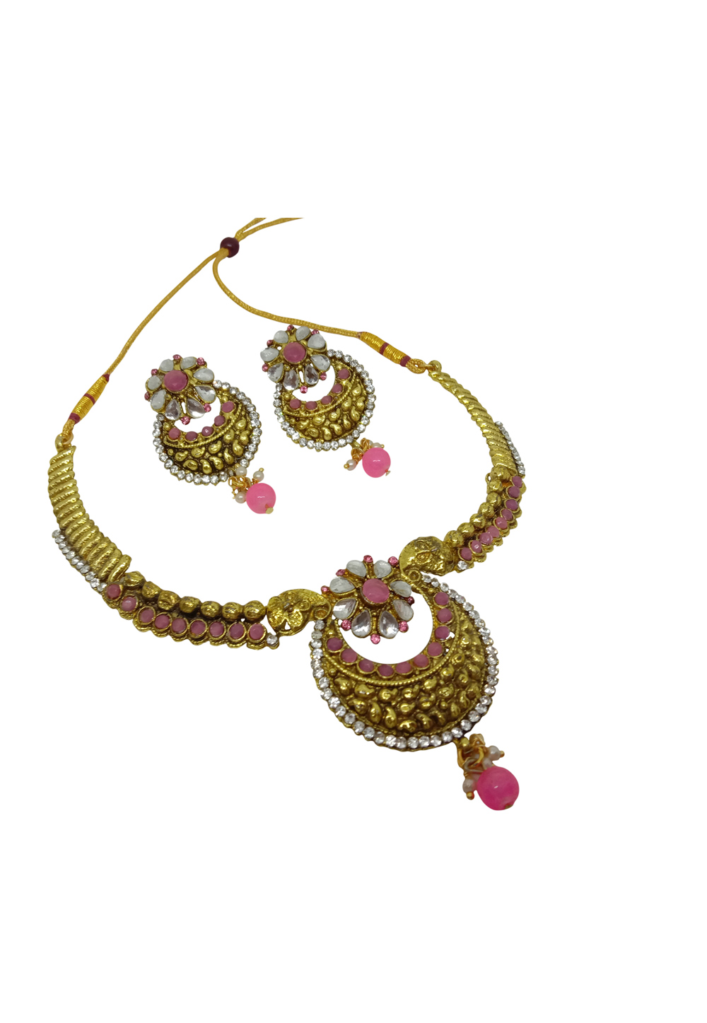 Pink Alloy Austrian Diamond Necklace Set With Earrings 228767