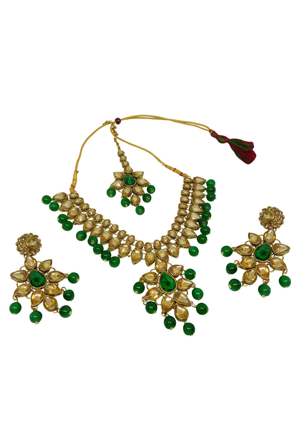 Green Alloy Austrian Diamond Necklace Set With Earrings and Maang Tikka 228768
