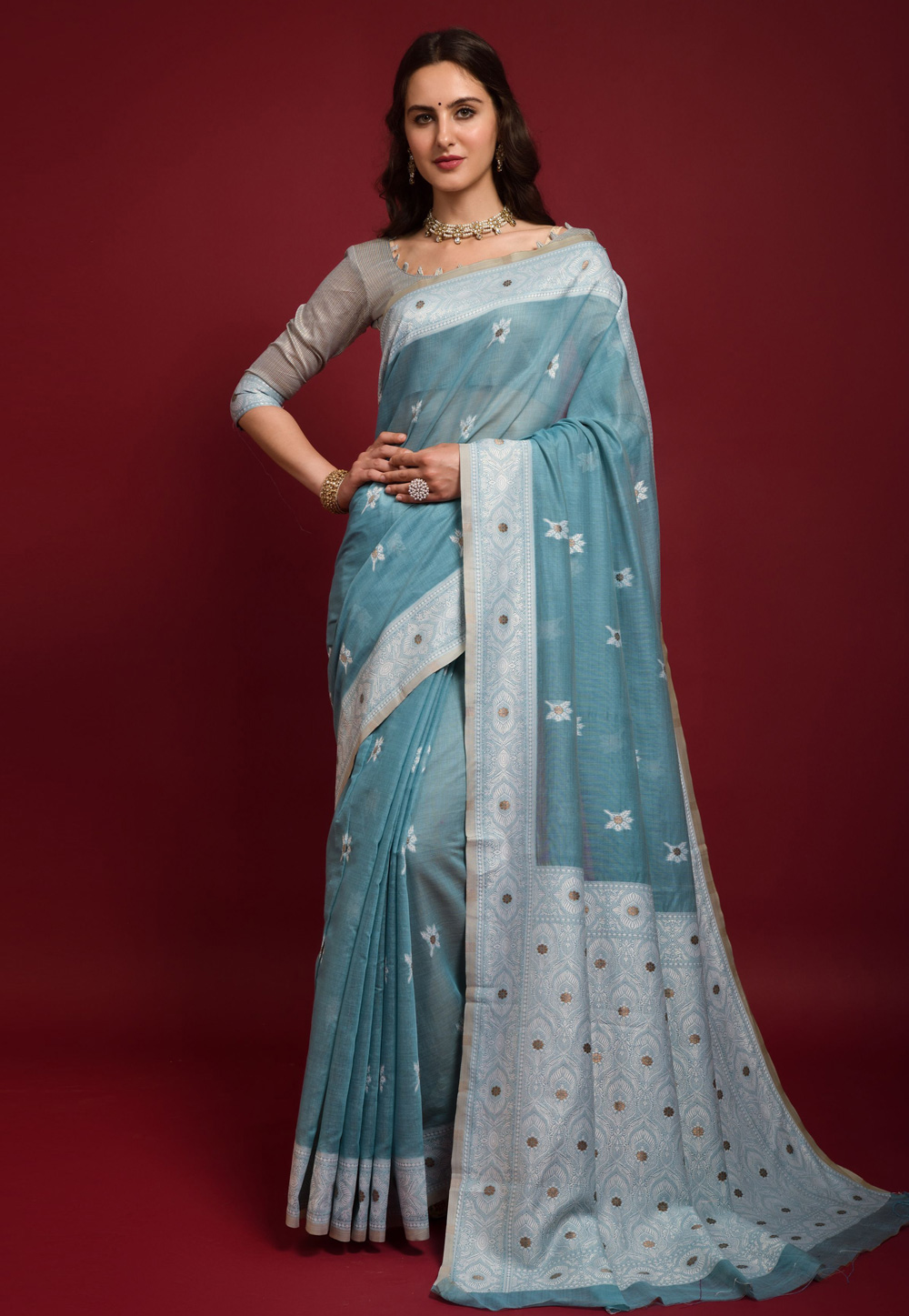 Sky Blue Banarasi Silk Saree 245607