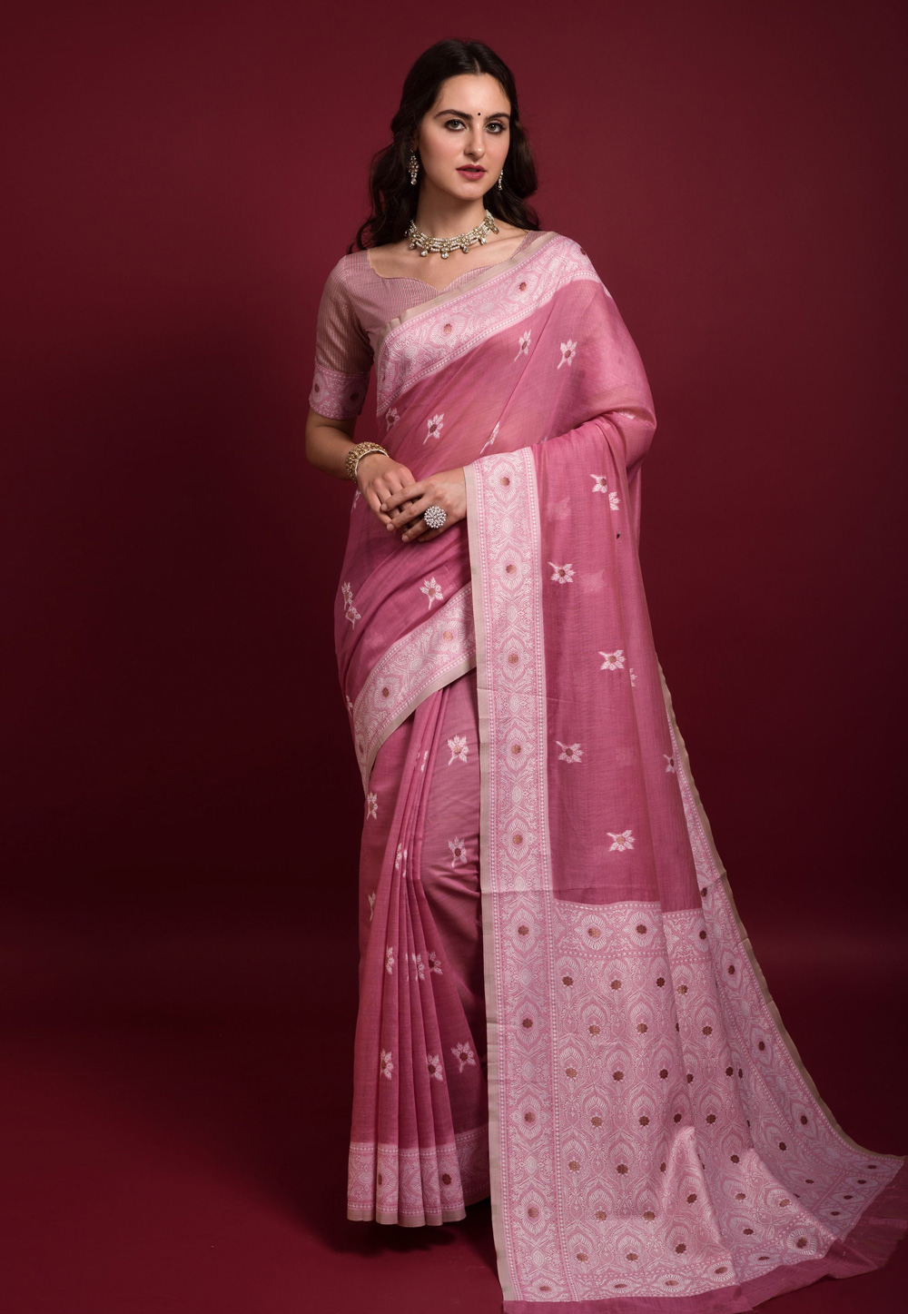 Pink Banarasi Silk Saree With Blouse 245608