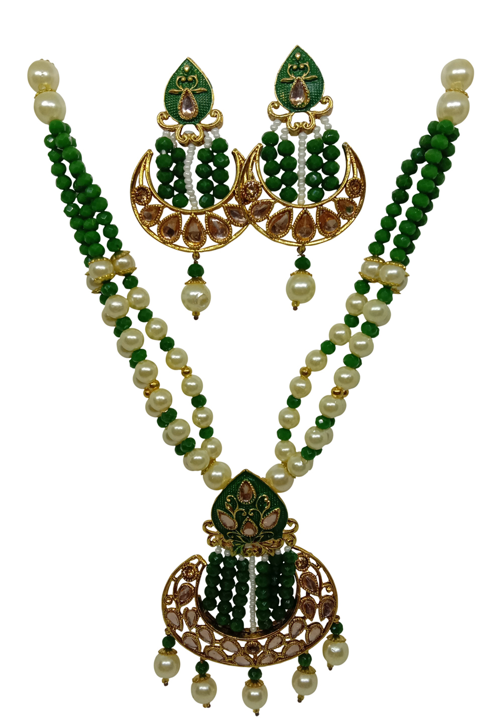 Green Alloy Austrian Diamond Necklace Set With Earrings 228774