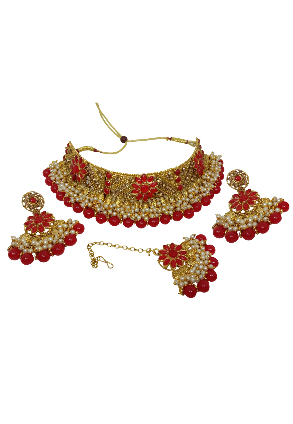 Red Alloy Austrian Diamond Necklace Set With Earrings and Maang Tikka 228776