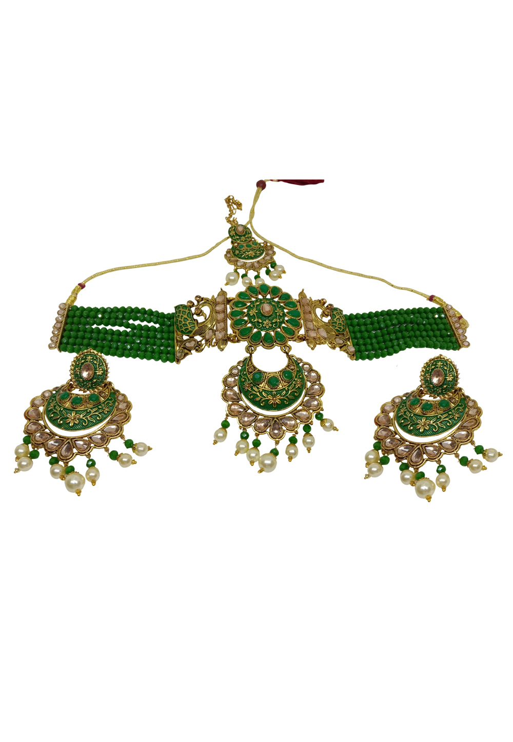 Green Alloy Austrian Diamond Necklace Set With Earrings and Maang Tikka 228777