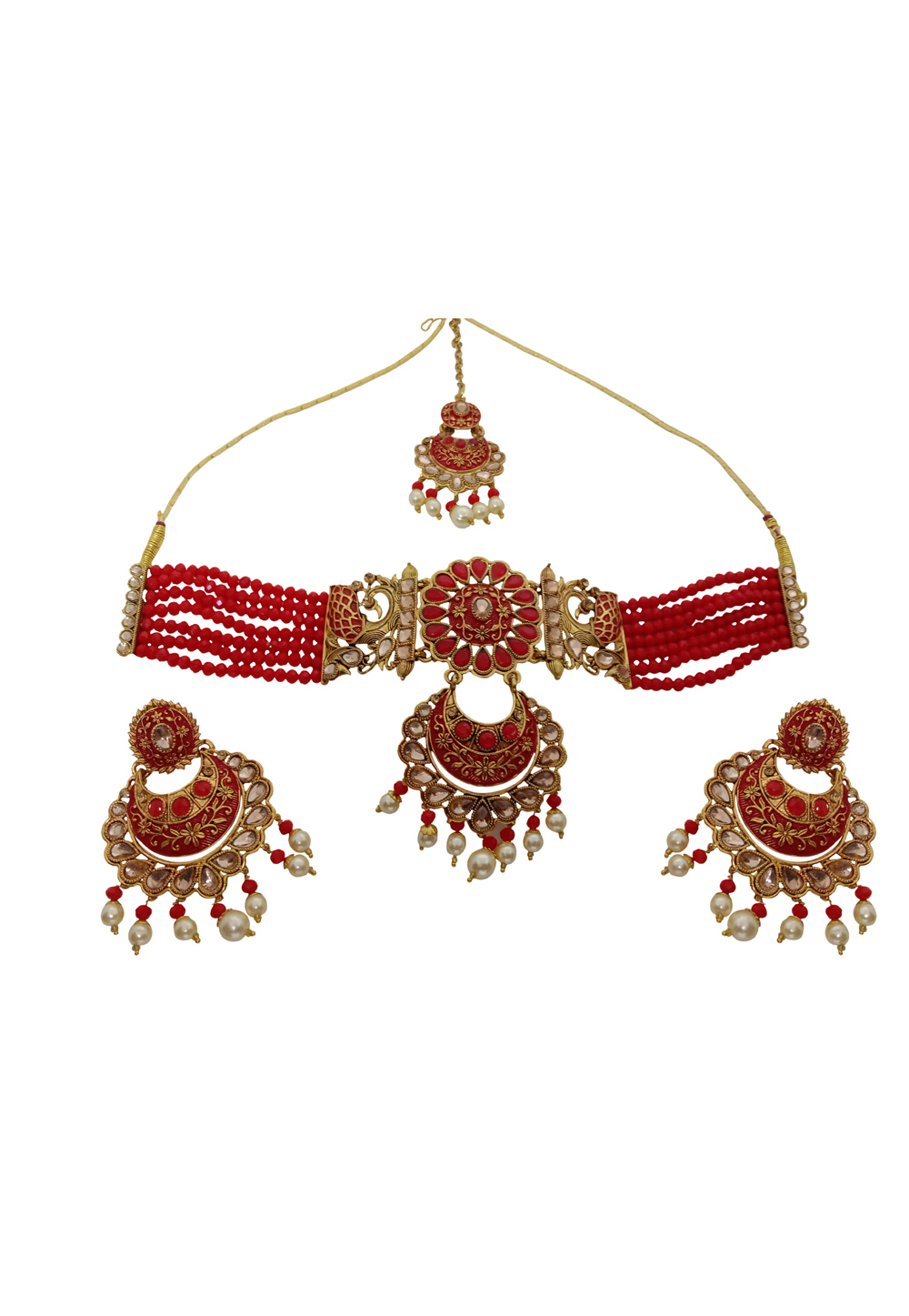 Red Alloy Austrian Diamond Necklace Set With Earrings and Maang Tikka 228778