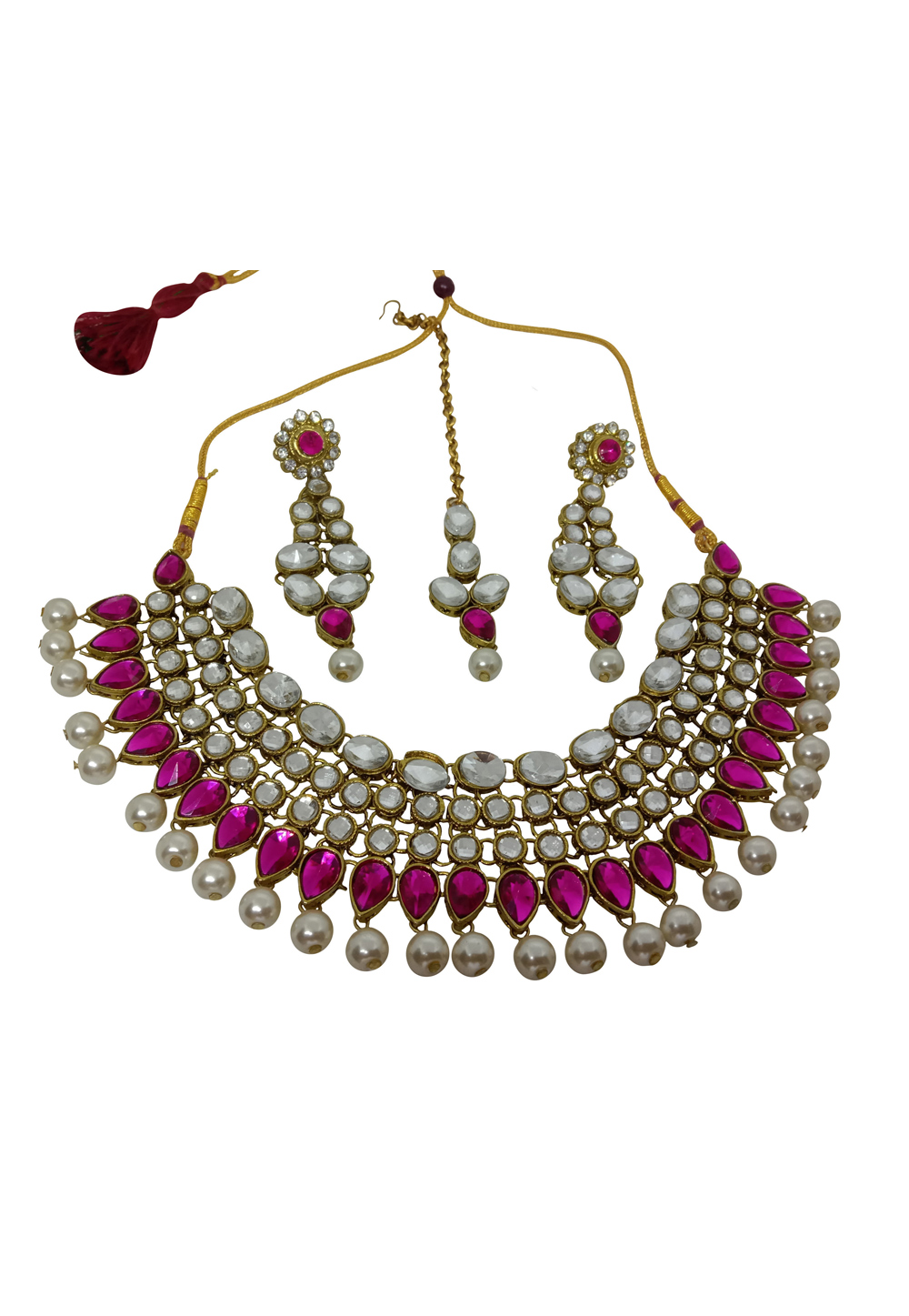 Pink Alloy Austrian Diamond Necklace Set With Earrings and Maang Tikka 232341