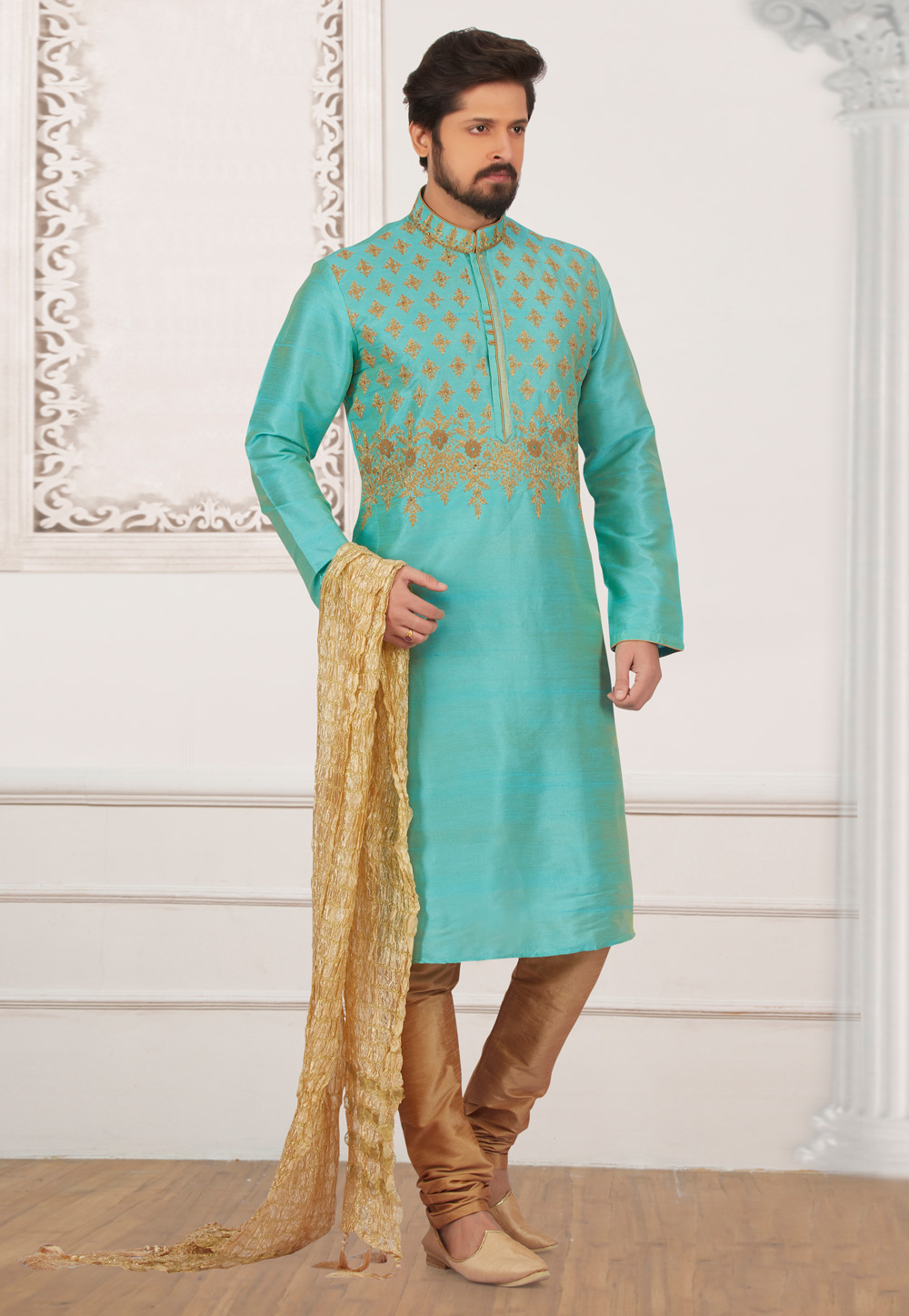 Turquoise Art Silk Readymade Kurta Pajama 154801