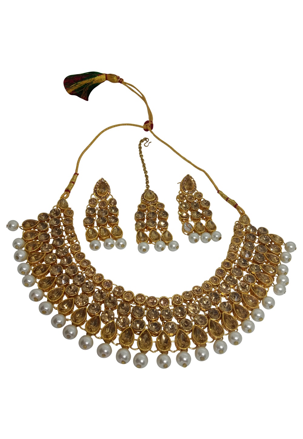 Golden Alloy Austrian Diamond Necklace Set With Earrings and Maang Tikka 232342