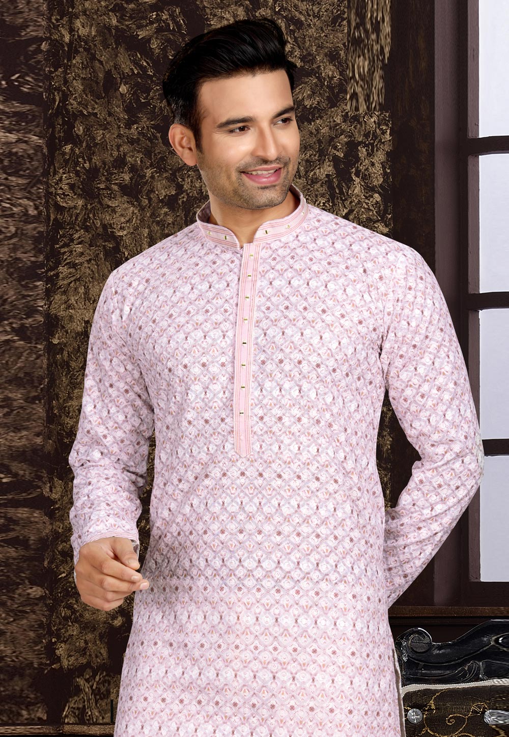 Light Pink Cotton Kurta Pajama 258143
