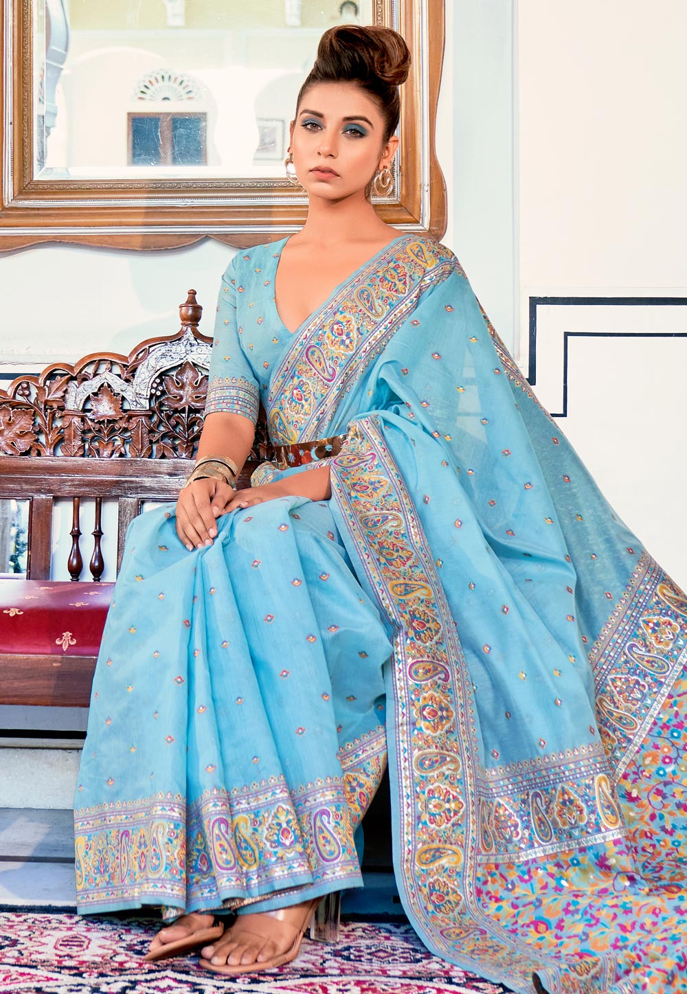 Sky Blue Pashmina Saree With Blouse 264382
