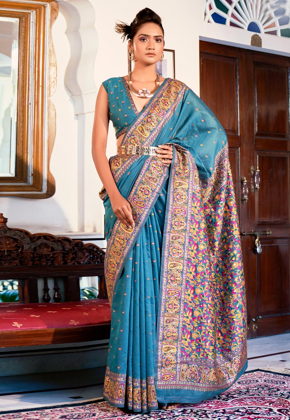 Turquoise Pashmina Saree With Blouse 264385