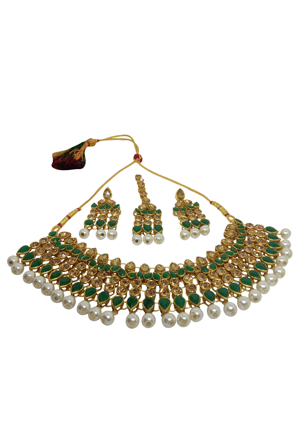Green Alloy Austrian Diamond Necklace Set With Earrings and Maang Tikka 232343