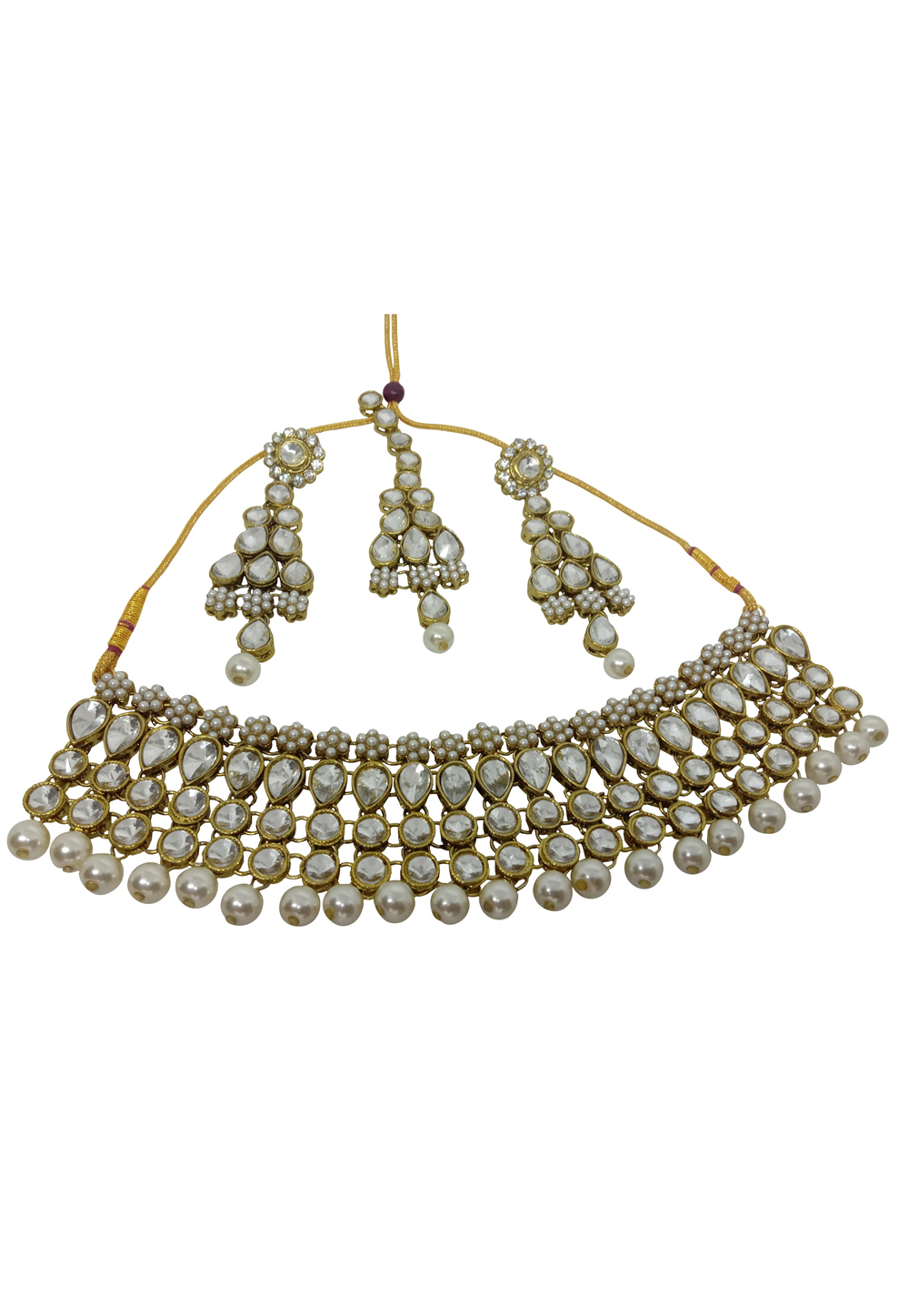 White Alloy Austrian Diamond Necklace Set With Earrings and Maang Tikka 232344