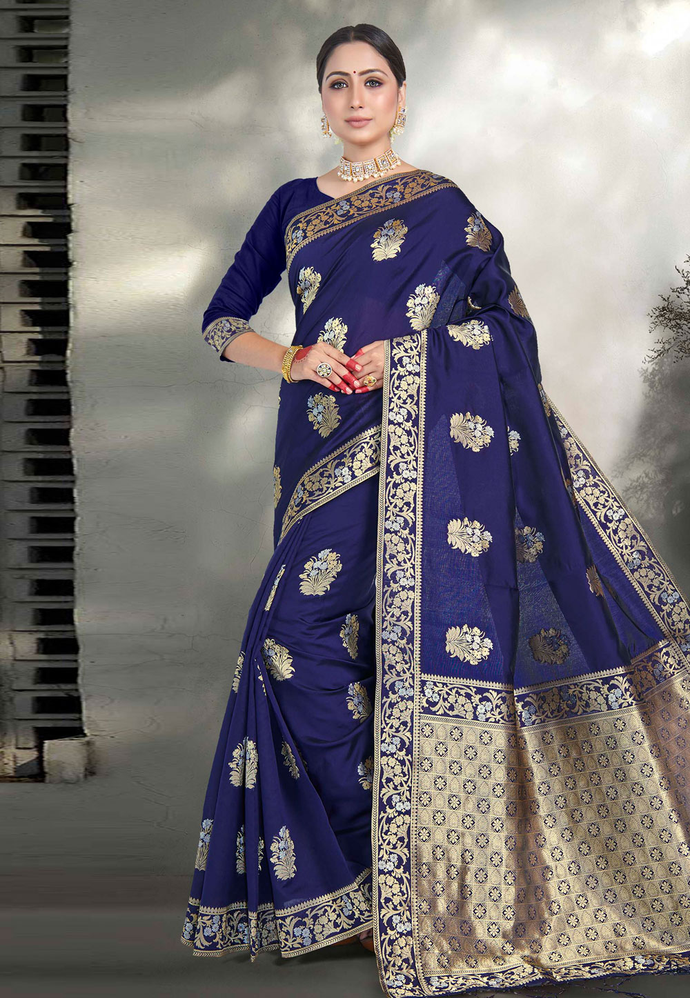 Navy Blue Kanjivaram Silk Saree With Blouse 259176