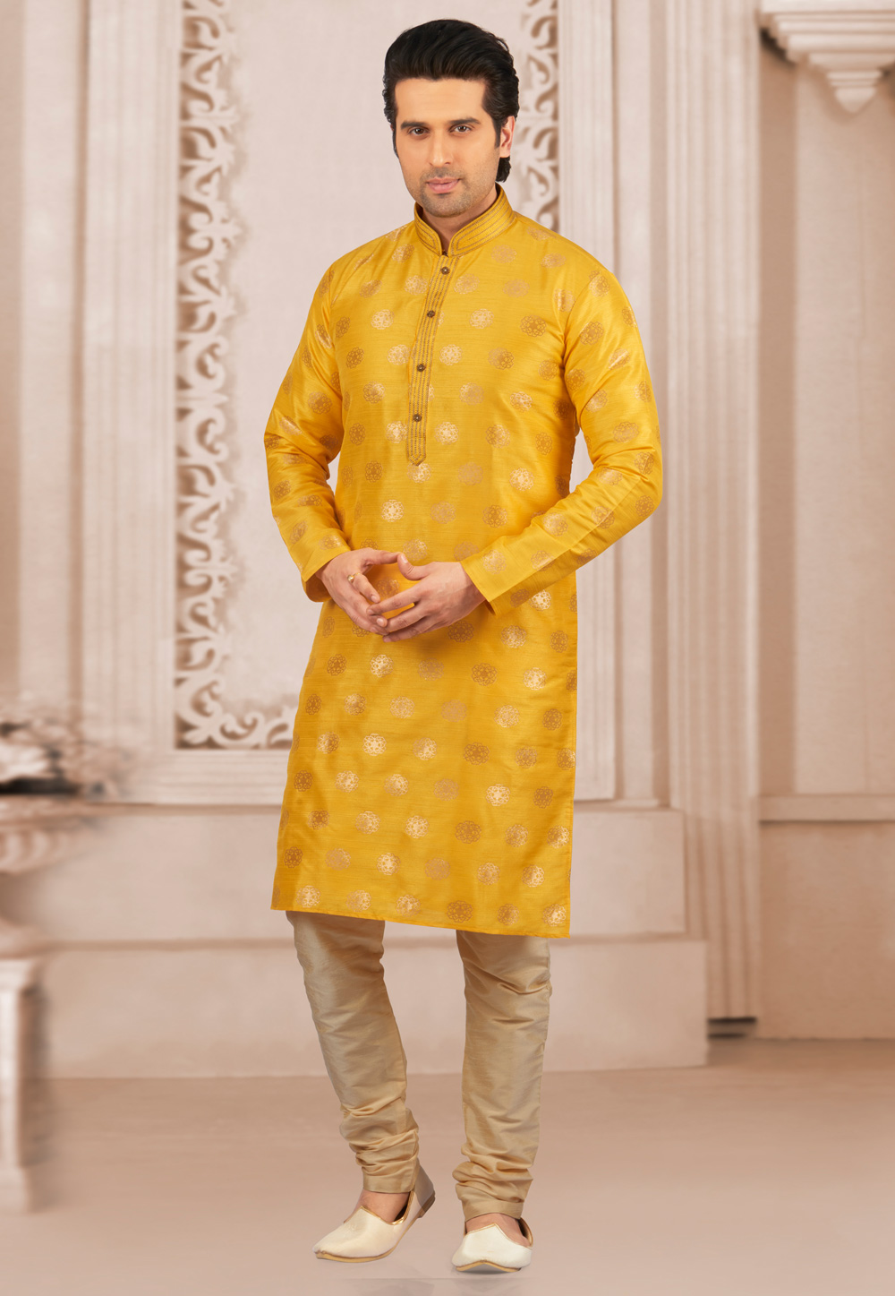Yellow Jacquard Readymade Kurta Pajama 154934