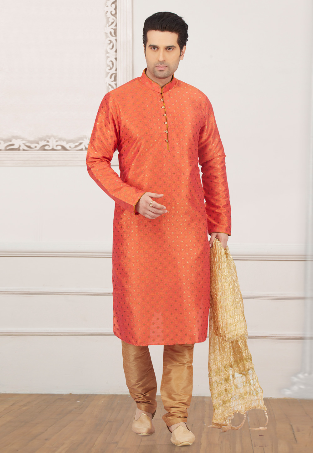 Orange Jacquard Readymade Kurta Pajama 154935
