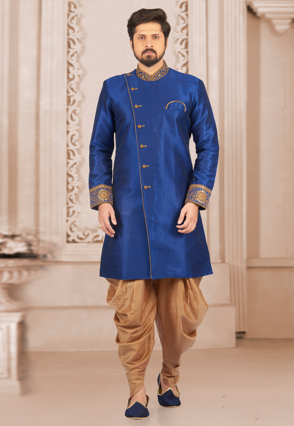 Blue Art Silk Readymade Indo Western Suit 154940