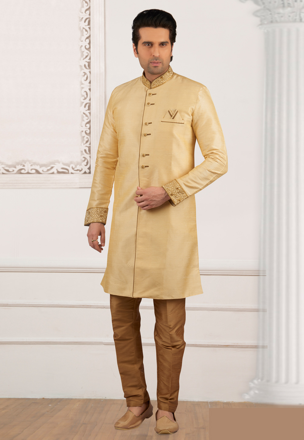 Golden Art Silk Readymade Indo Western Suit 154941