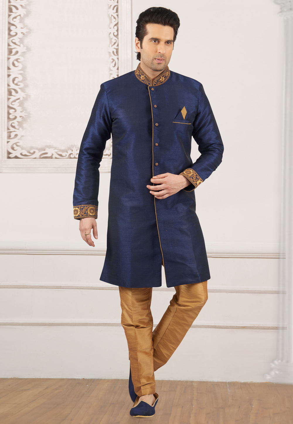 Blue Art Silk Readymade Indo Western Suit 154942