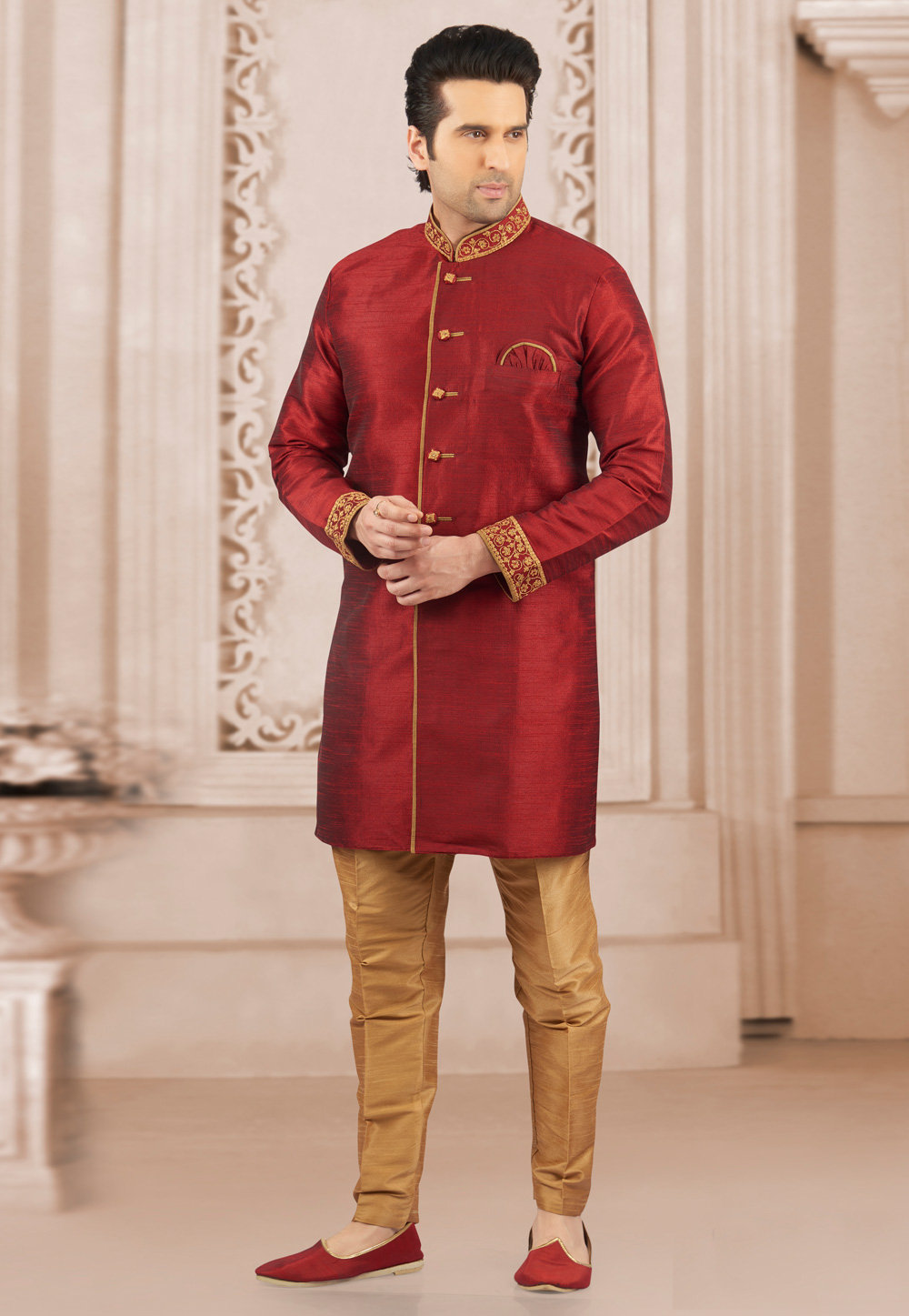 Maroon Art Silk Readymade Indo Western Suit 154943