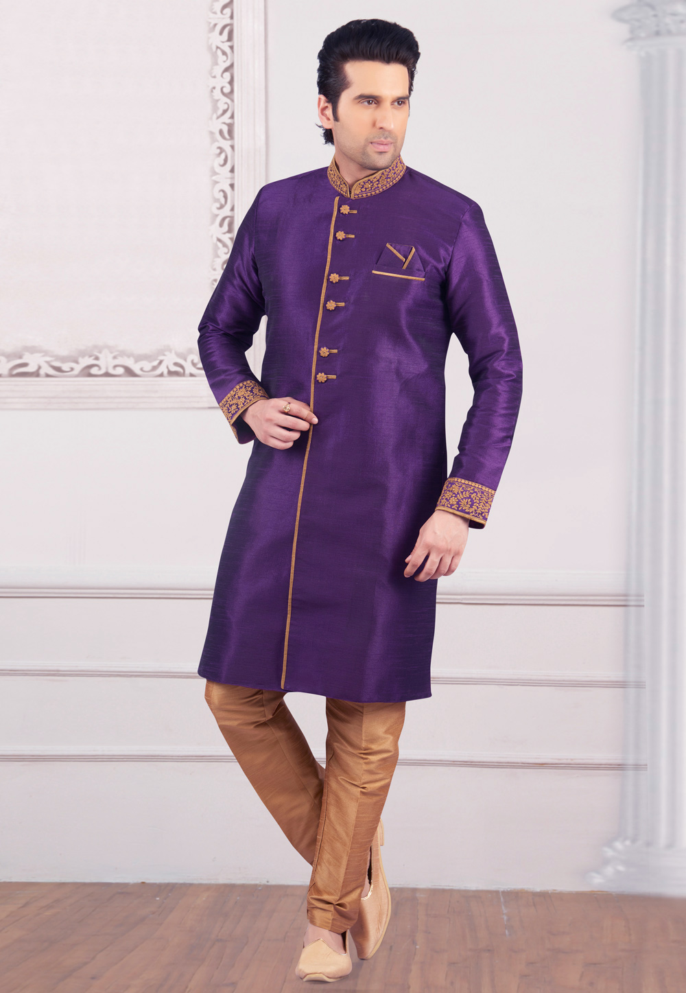 Purple Art Silk Readymade Indo Western Suit 154944