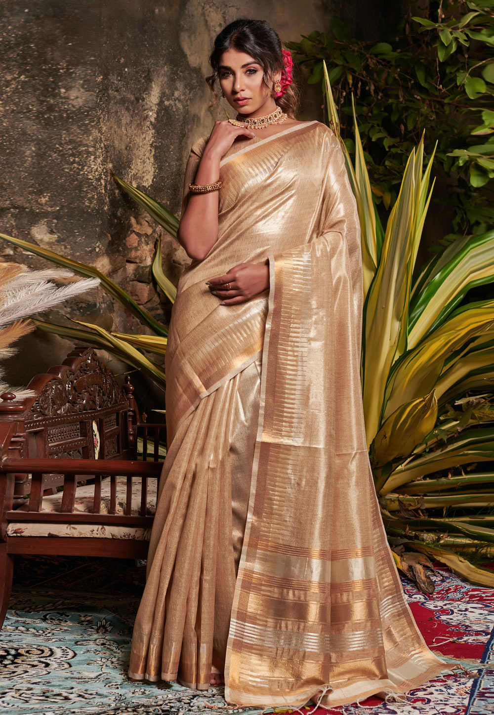 Golden Tissue Silk Saree With Blouse 245700