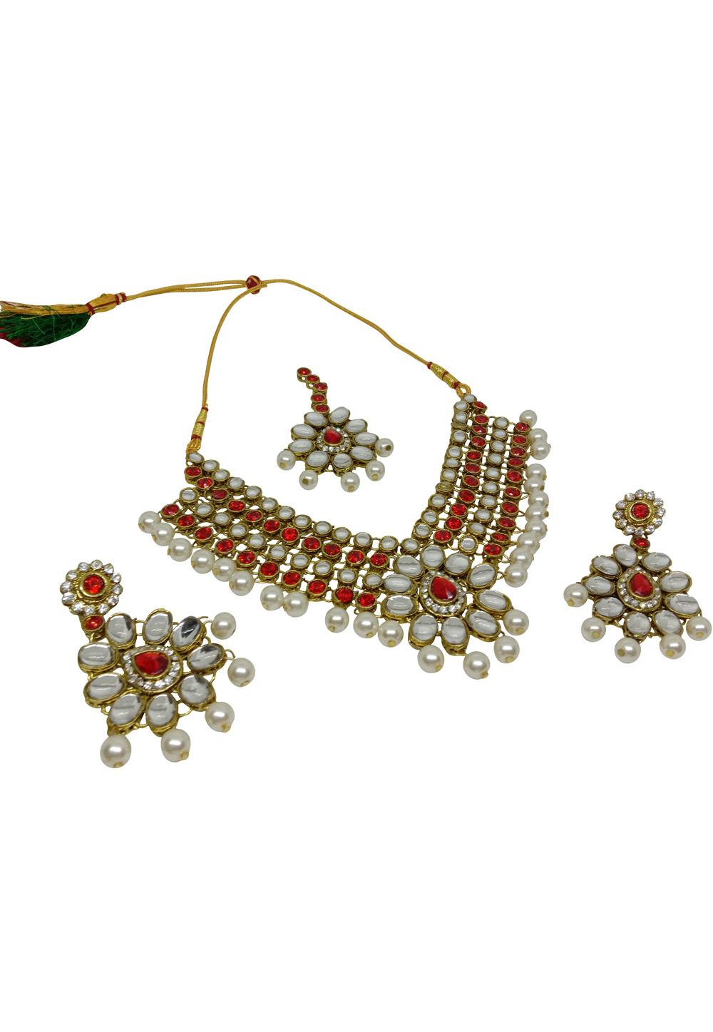 Red Alloy Austrian Diamond Necklace Set With Earrings and Maang Tikka 232352