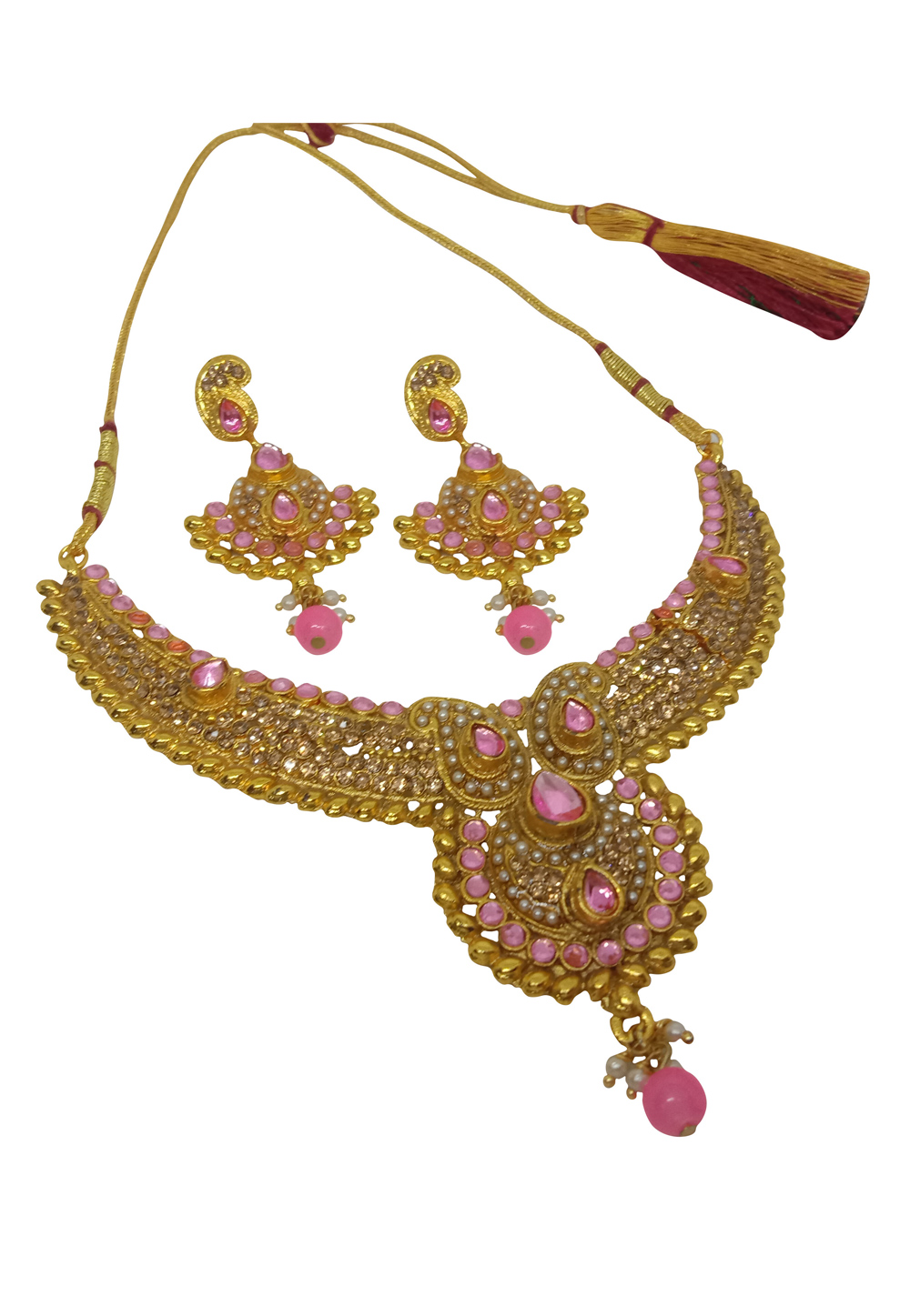 Pink Alloy Austrian Diamond Necklace Set With Earrings 232354