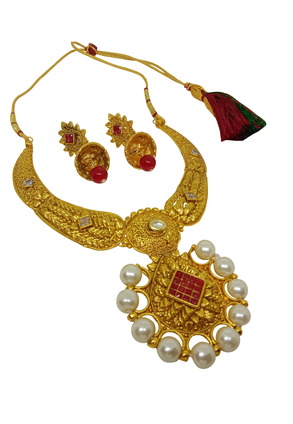 Red Alloy Austrian Diamond Necklace Set With Earrings 232358