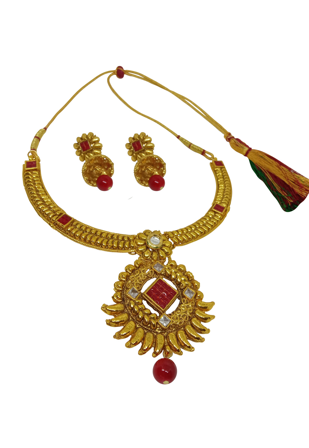 Red Alloy Austrian Diamond Necklace Set With Earrings 232359